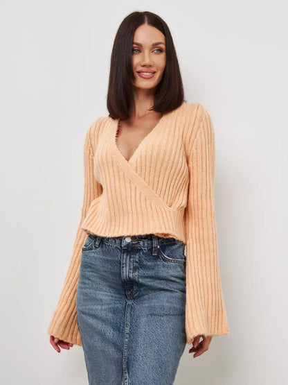 Aurelia Sweater by Lauven, cropped powder knit with V-neck and wide sleeves, perfect for a stylish look.