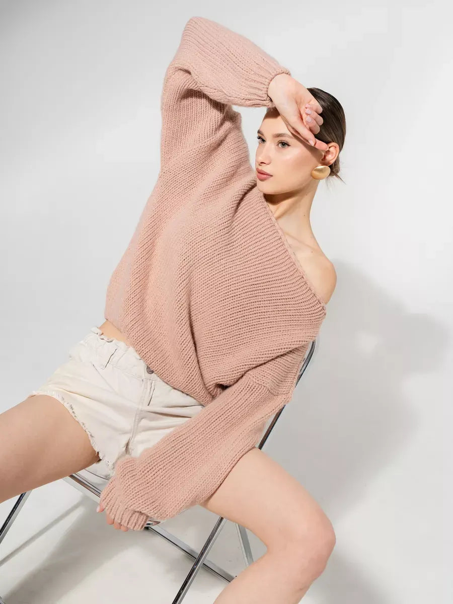 Rosea Sweater by Lauven in powder pink, oversized off-shoulder knit worn by model, perfect for fall and winter.