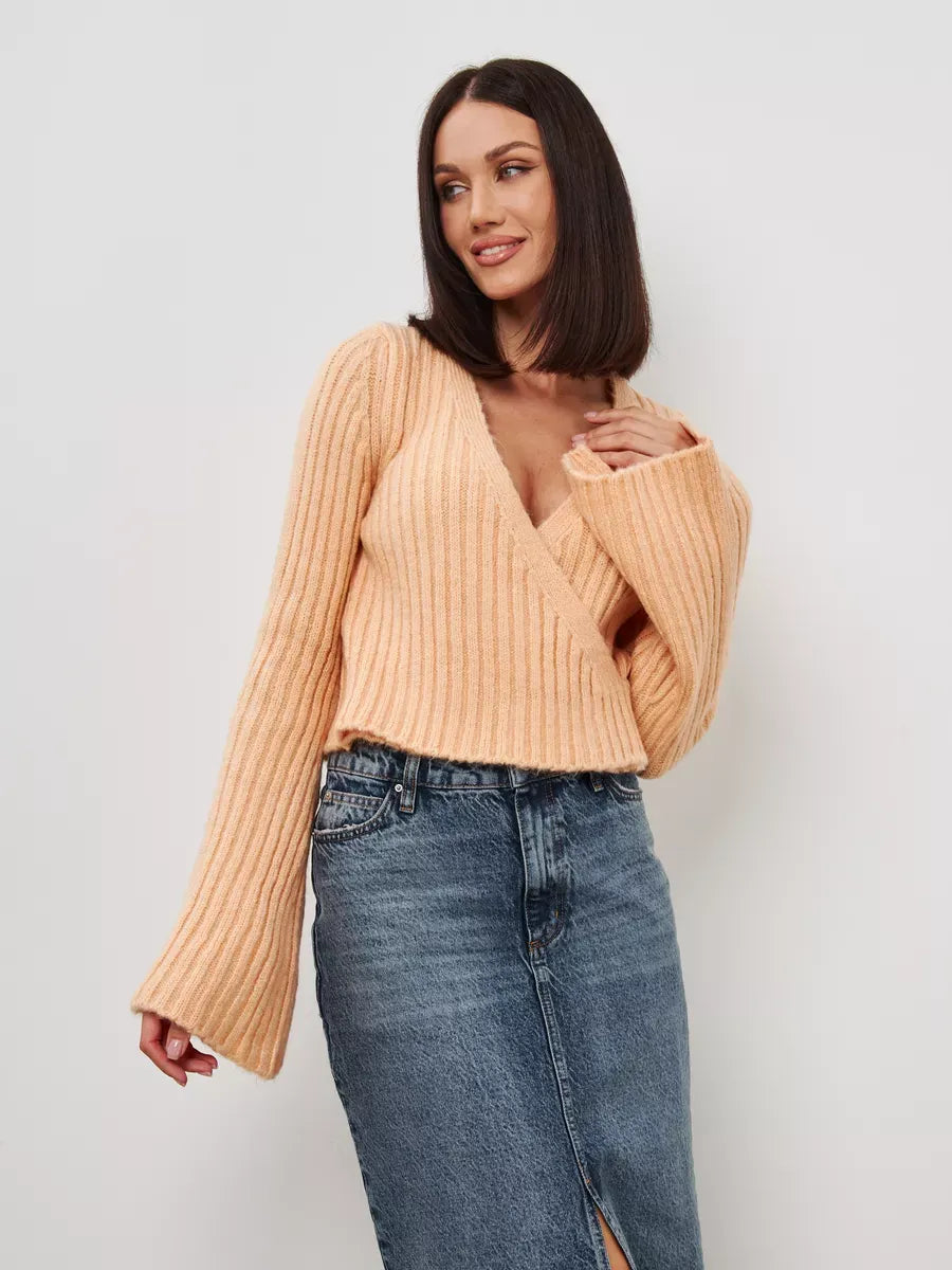 Aurelia Sweater by Lauven in cropped powder knit with V-neck and wide sleeves, perfect for a stylish casual look.