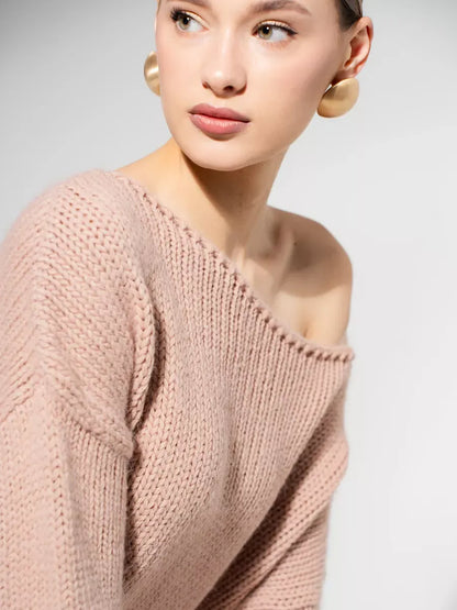 Rosea Sweater by Lauven - Oversized off-shoulder knit in powder pink, showcasing a model wearing elegant styling.