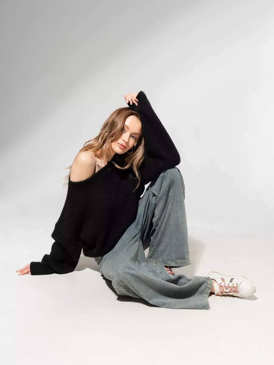 Noir Sweater by Lauven — Oversized off-shoulder knit in classic black, perfect for layering.