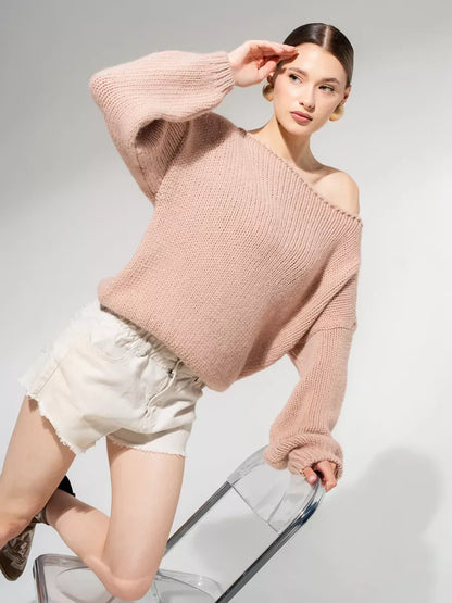 Rosea Sweater by Lauven, oversized off-shoulder knit in soft powder pink, perfect for fall and winter styles.