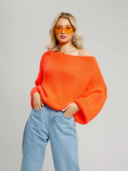Nova Sweater by Lauven, oversized off-shoulder knit in vibrant neon orange for statement-making style.