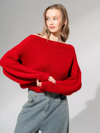 Scarlet Sweater by Lauven, oversized off-shoulder knit in deep red for an elegant and chic look.
