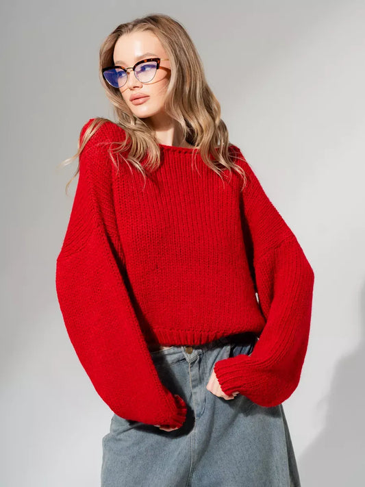 Scarlet Sweater by Lauven - Oversized off-shoulder knit in deep red with stylish bell sleeves.