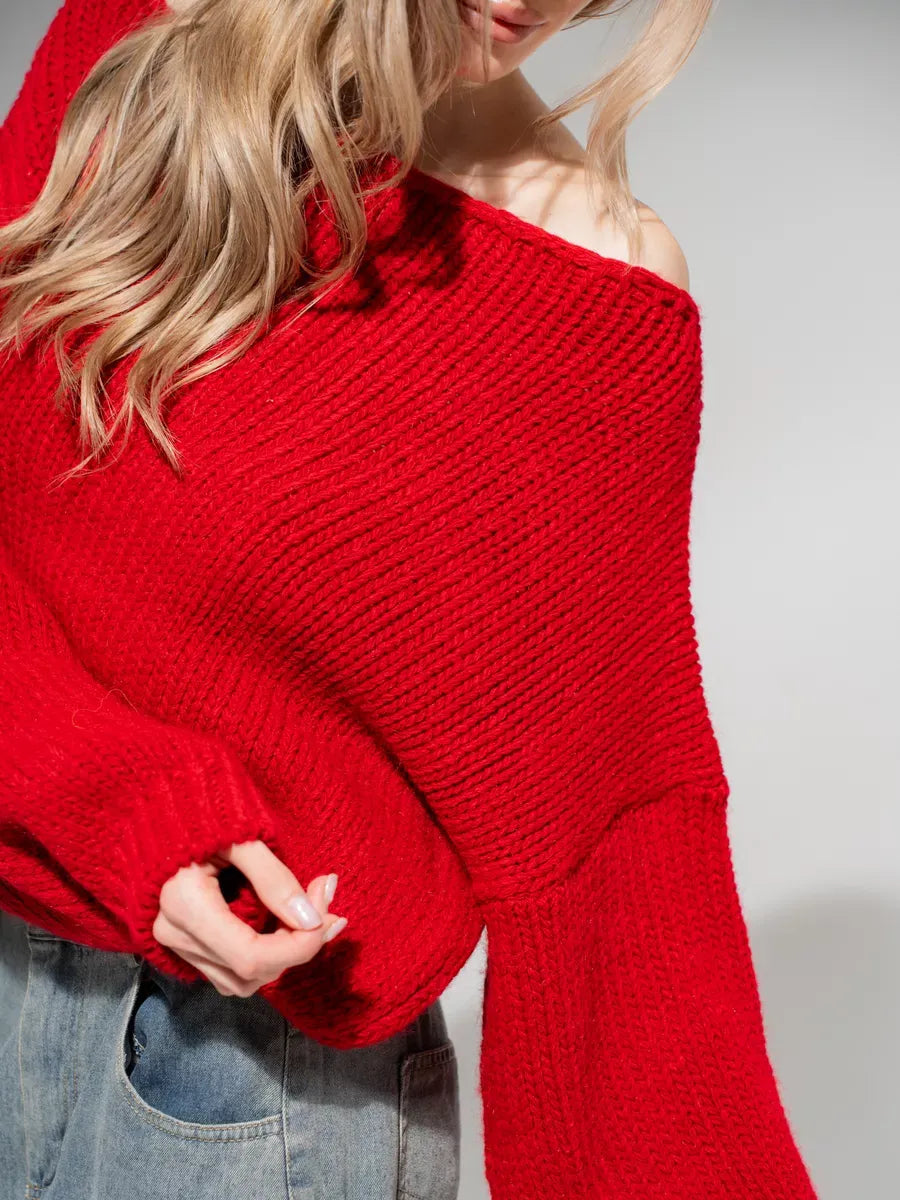 Scarlet Sweater by Lauven - Oversized off-shoulder knit in deep red for women's elegant style.