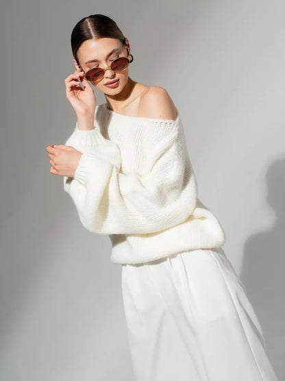 Ivory Sweater by Lauven, oversized off-shoulder knit in white perfect for layering in colder months.