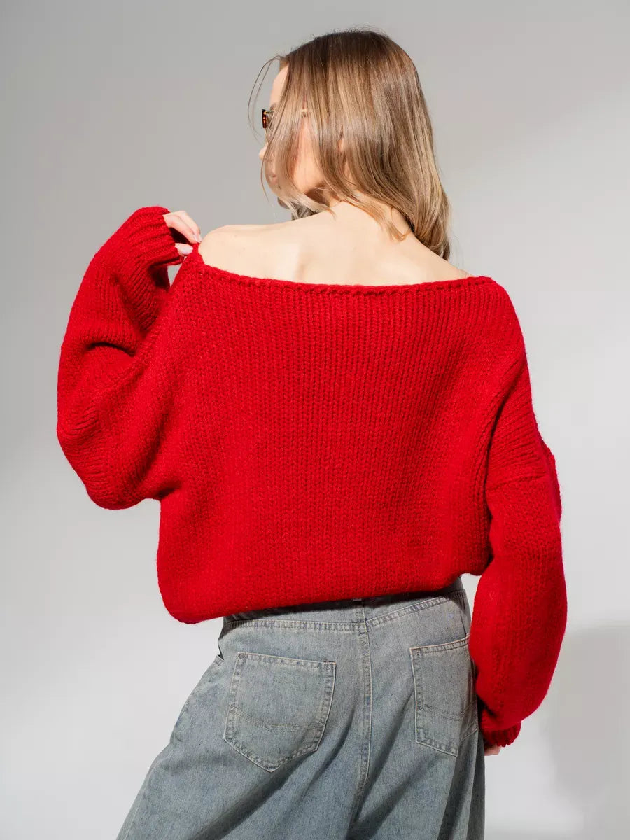Scarlet Sweater by Lauven - Oversized Off-Shoulder Knit in Deep Red for a chic and cozy look.