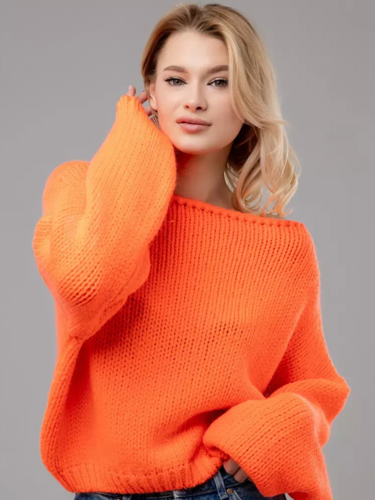 Nova Sweater by Lauven - Oversized off-shoulder neon orange knit for a bold, cozy look.