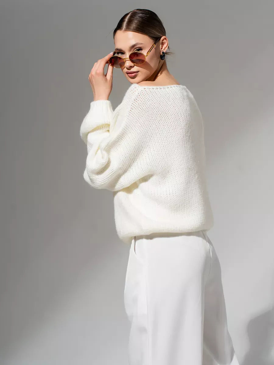 Ivory Sweater by Lauven, oversized off-shoulder knit in white, perfect for layering in colder months.