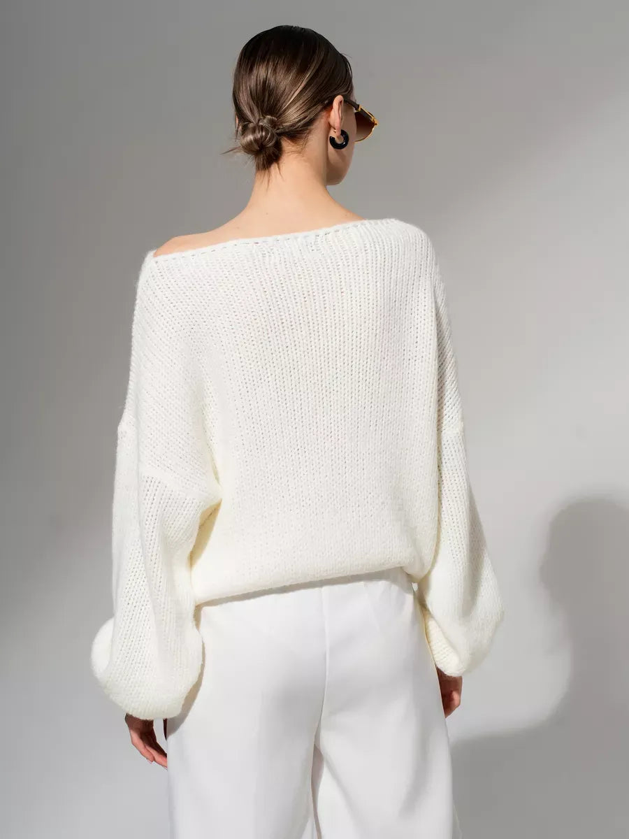 Ivory Sweater by Lauven - Oversized off-shoulder knit in white, perfect for a stylish layering look.