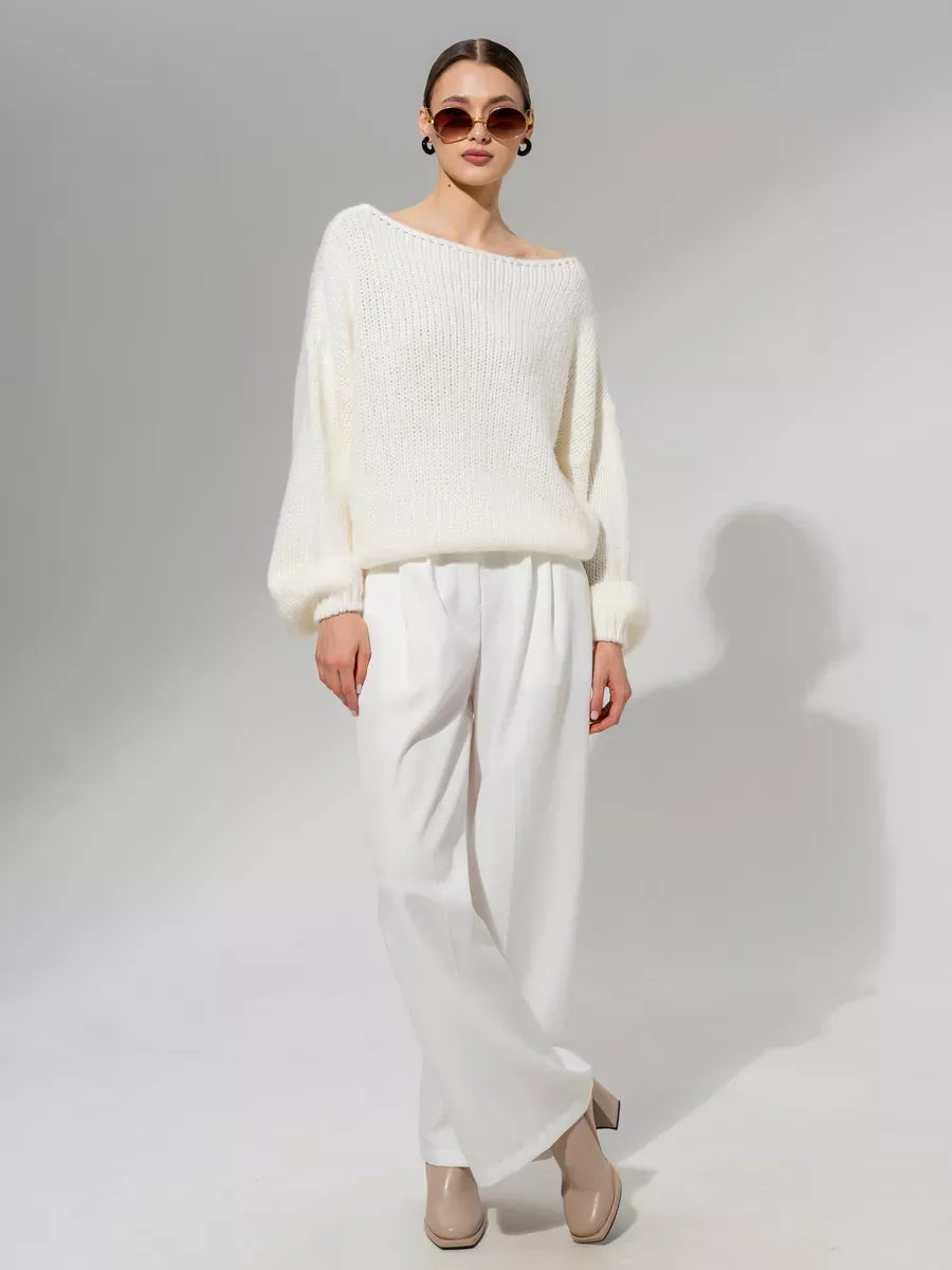 Ivory Sweater by Lauven, oversized off-shoulder knit in white, offering elegant and versatile winter style.