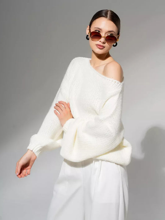 Ivory Sweater by Lauven - Oversized Off-Shoulder Knit in White, featuring a minimalist design and luxurious comfort.