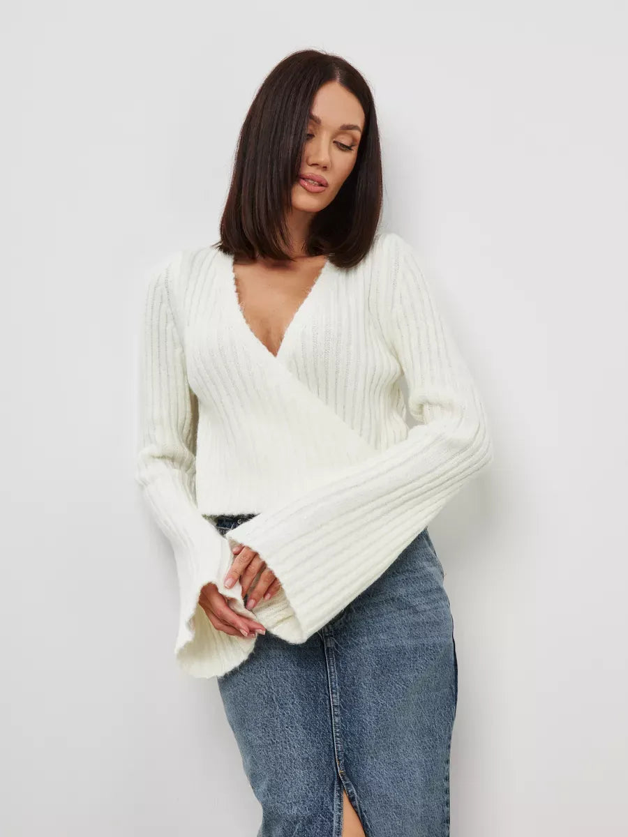 Lyra Sweater by Lauven - Cropped cream knit, V-neck, and wide sleeves, stylish and versatile