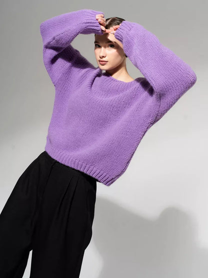 Lavina Sweater by Lauven - Oversized Off-Shoulder Knit in Lavender, offering softness and elegance.