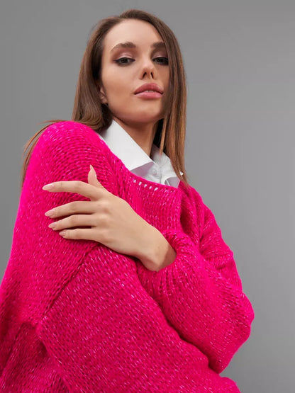 Isolde Sweater by Lauven, an oversized fuchsia knit with chunky texture and boat neck.