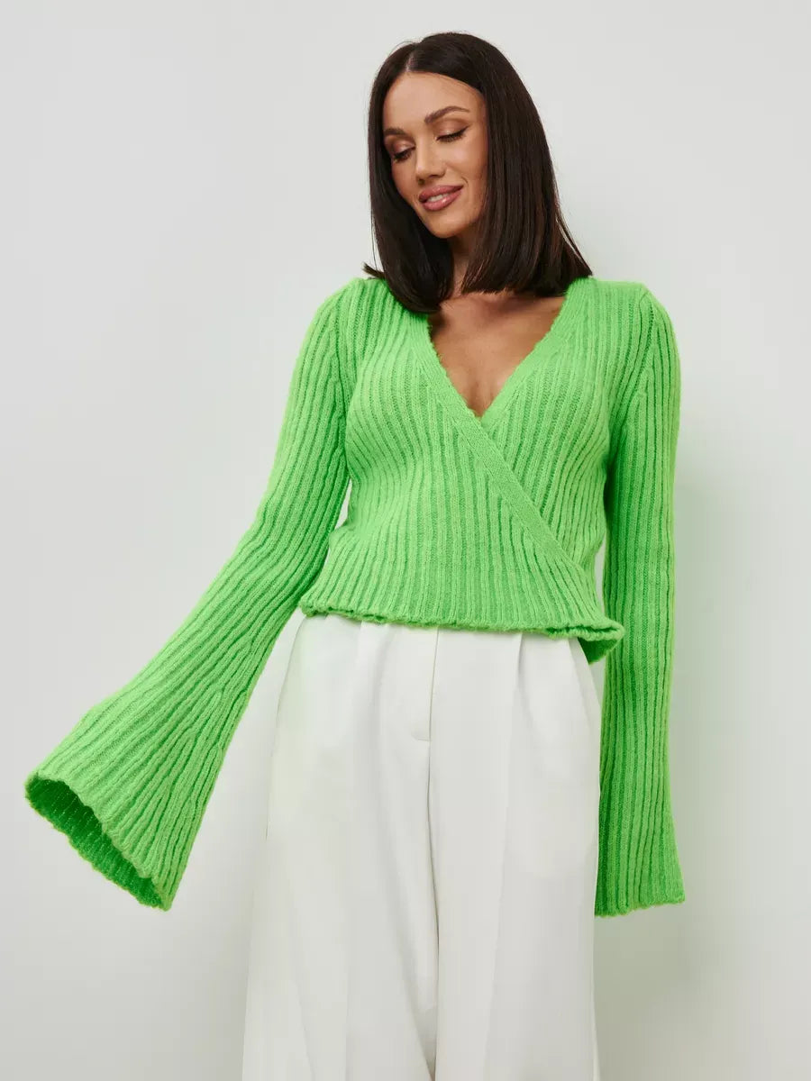 Vega Sweater by Lauven in vibrant pistachio green with V-neck and wide sleeves, showcasing a trendy cropped design.