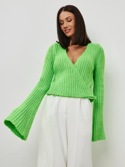 Vega Sweater by Lauven in vibrant pistachio green with V-neck and wide sleeves, showcasing a trendy cropped design.