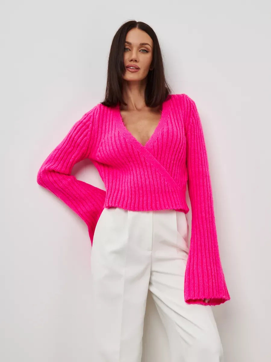 Selene Sweater by Lauven - Bold cropped V-neck knit in fuchsia with wide cuffs, perfect for stylish outings.