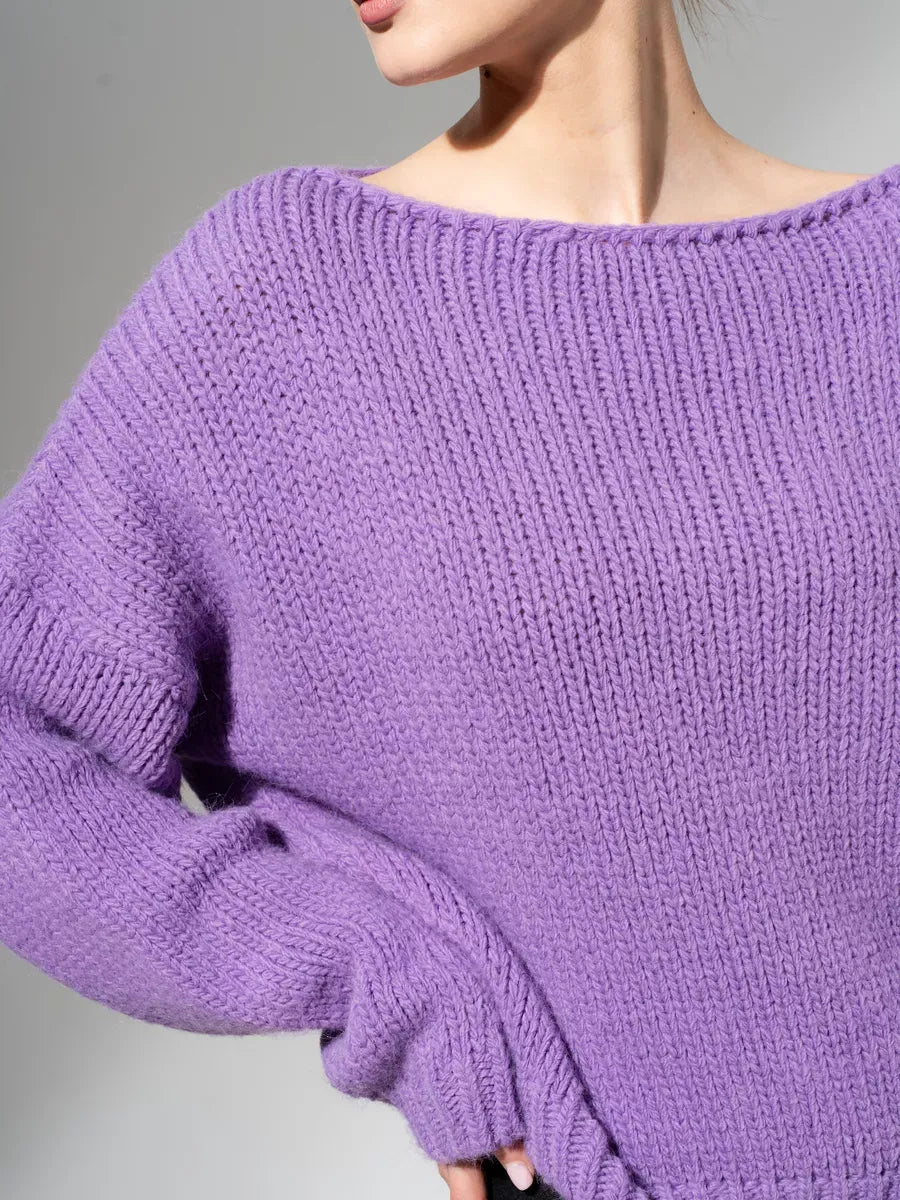 Lavina Sweater by Lauven – Oversized off-shoulder knit in lavender, showcasing softness and elegance.