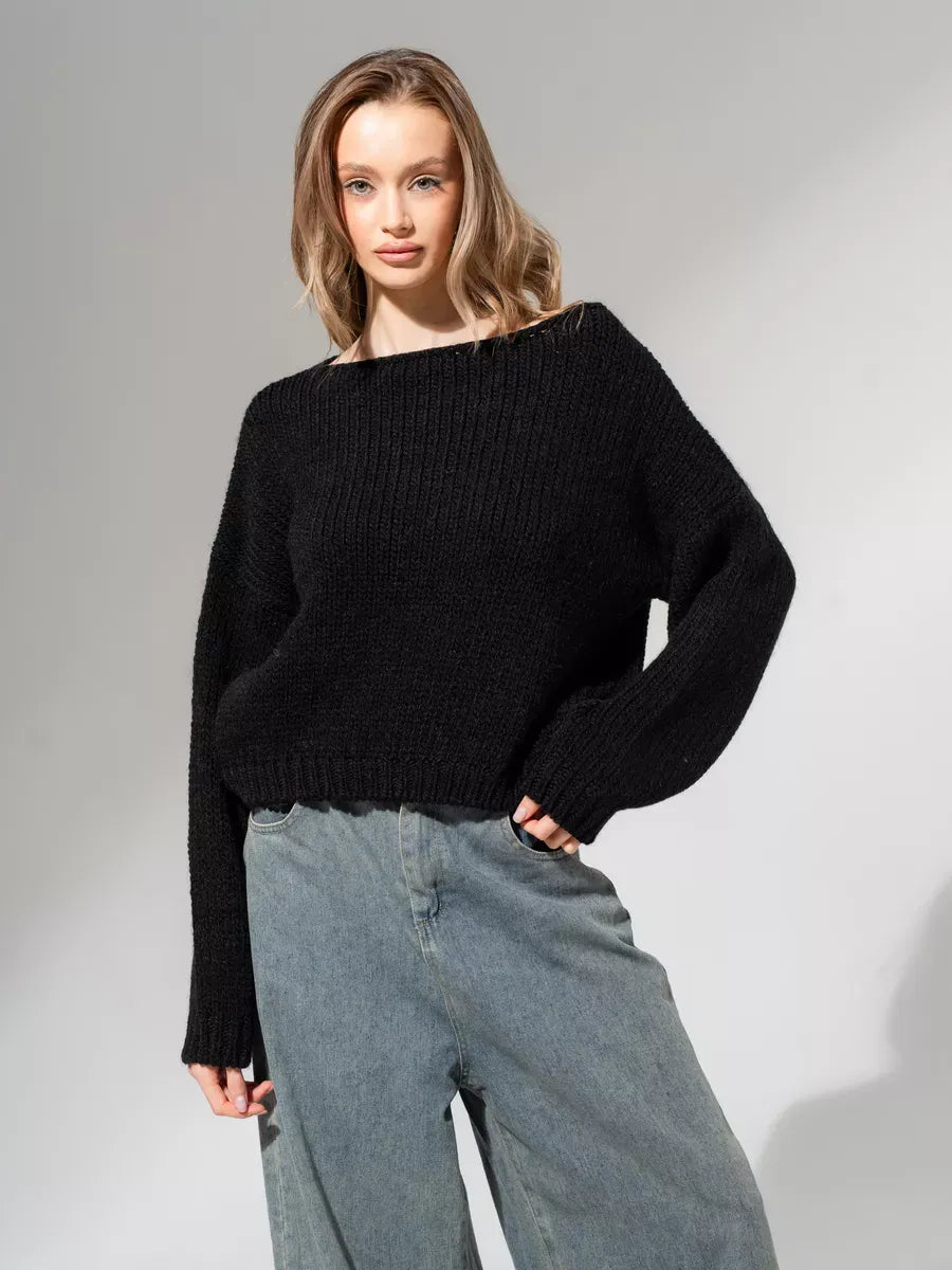 Noir Sweater by Lauven - Oversized Off-Shoulder Knit in Classic Black, perfect for cozy layering.