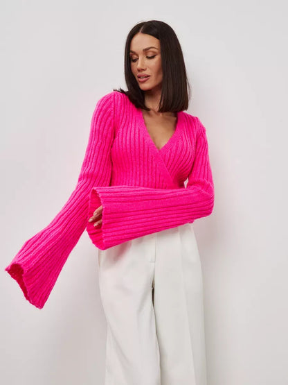 Selene Sweater by Lauven - Cropped V-Neck Knit in striking fuchsia with wide cuffs for a stylish look.