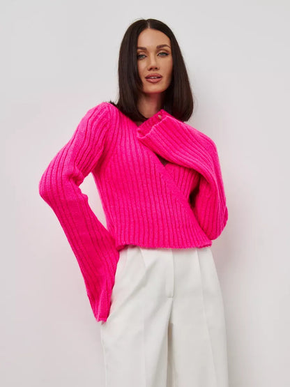 Selene Sweater by Lauven in bold fuchsia with cropped V-neck and wide cuffs, perfect for stylish comfort.