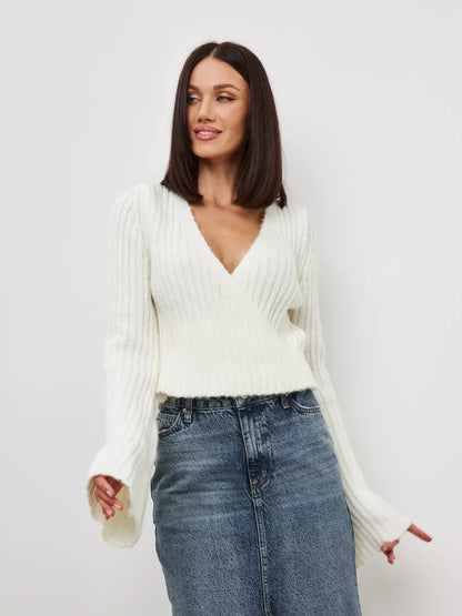 Lyra Sweater by Lauven - Cropped cream knit with V-neck and wide sleeves, perfect for stylish outfits.