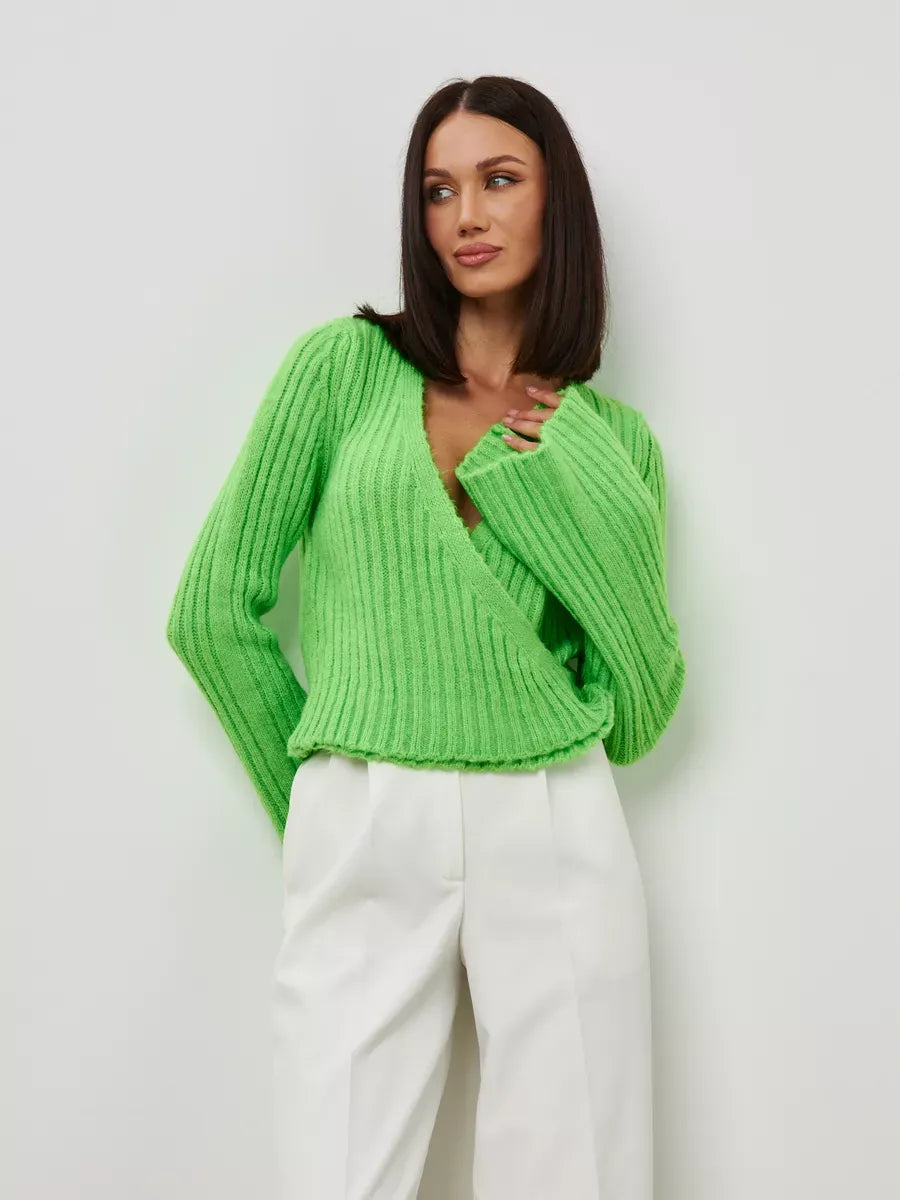 Vega Sweater - Cropped pistachio knit with V-neck and wide sleeves by Lauven.