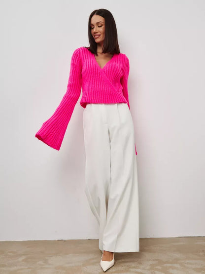 Selene Sweater by Lauven - Cropped V-Neck Knit in fuchsia with wide cuffs, exuding modern elegance and style.