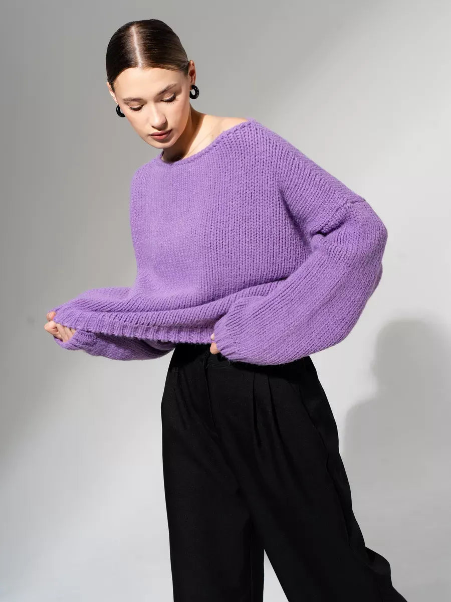 Lavina Sweater by Lauven - Oversized off-shoulder knit in lavender, perfect for fall and winter.