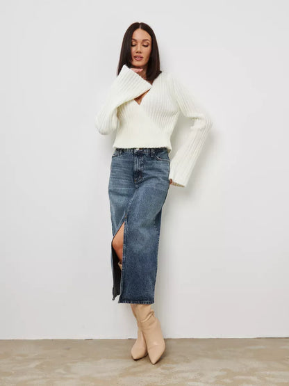 Lyra Sweater by Lauven - Cropped cream knit with V-neck and wide sleeves, styled with a denim skirt.