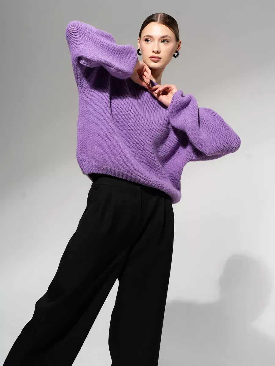 Lavina Sweater by Lauven, oversized off-shoulder knit in lavender, perfect for fall and winter, featuring a cozy design.