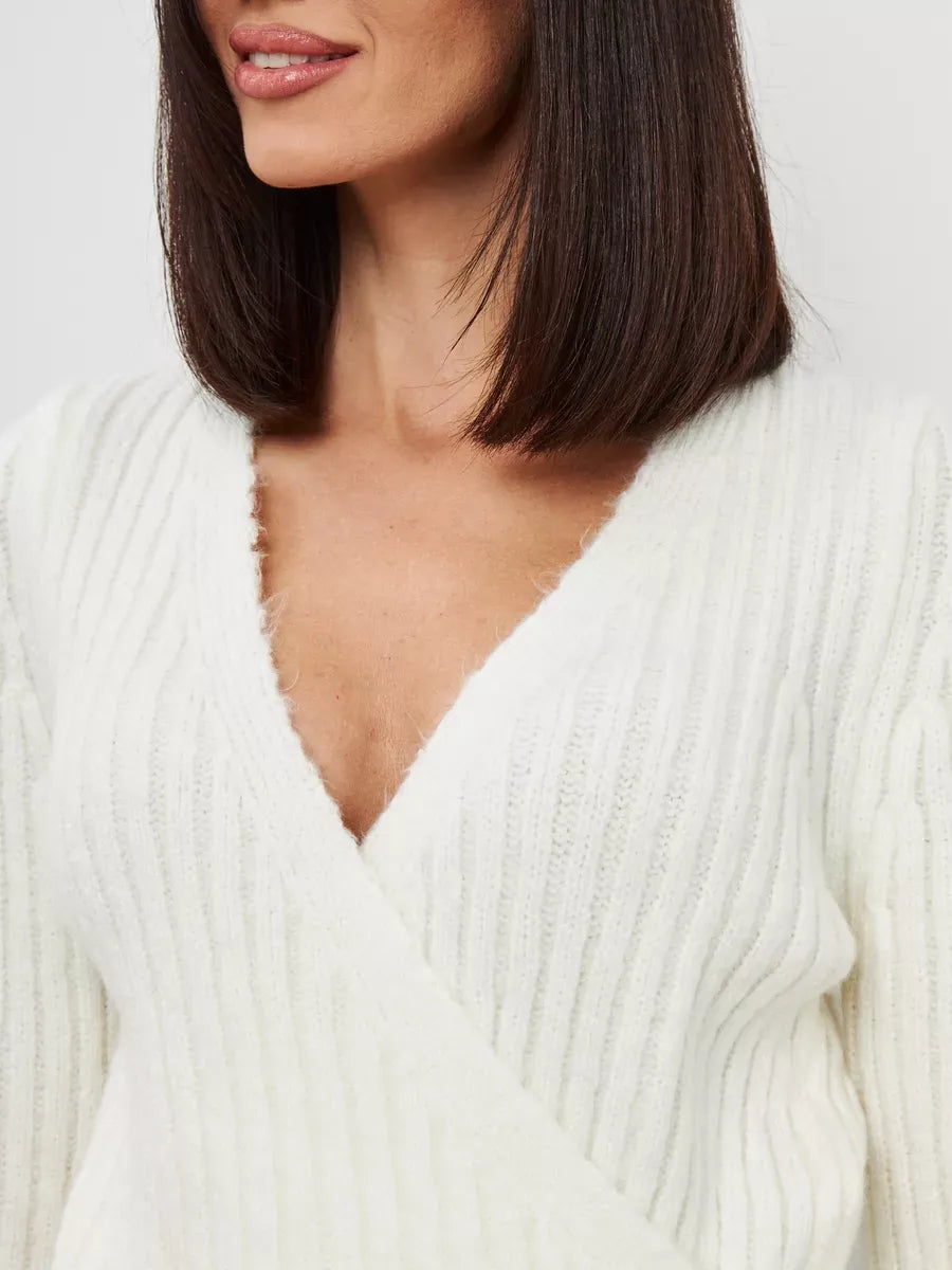 Lyra Sweater by Lauven featuring V-neck and ribbed knit texture in a cropped cream style.