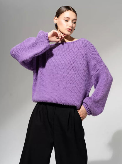 Lavina Sweater by Lauven in oversized off-shoulder knit style, featuring a soft lavender color and elegant silhouette.