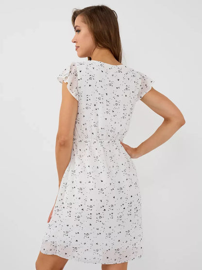 Ivory Mini Dress by Lauven, elegant white ruffle sleeve dress with fitted silhouette, perfect for special occasions.