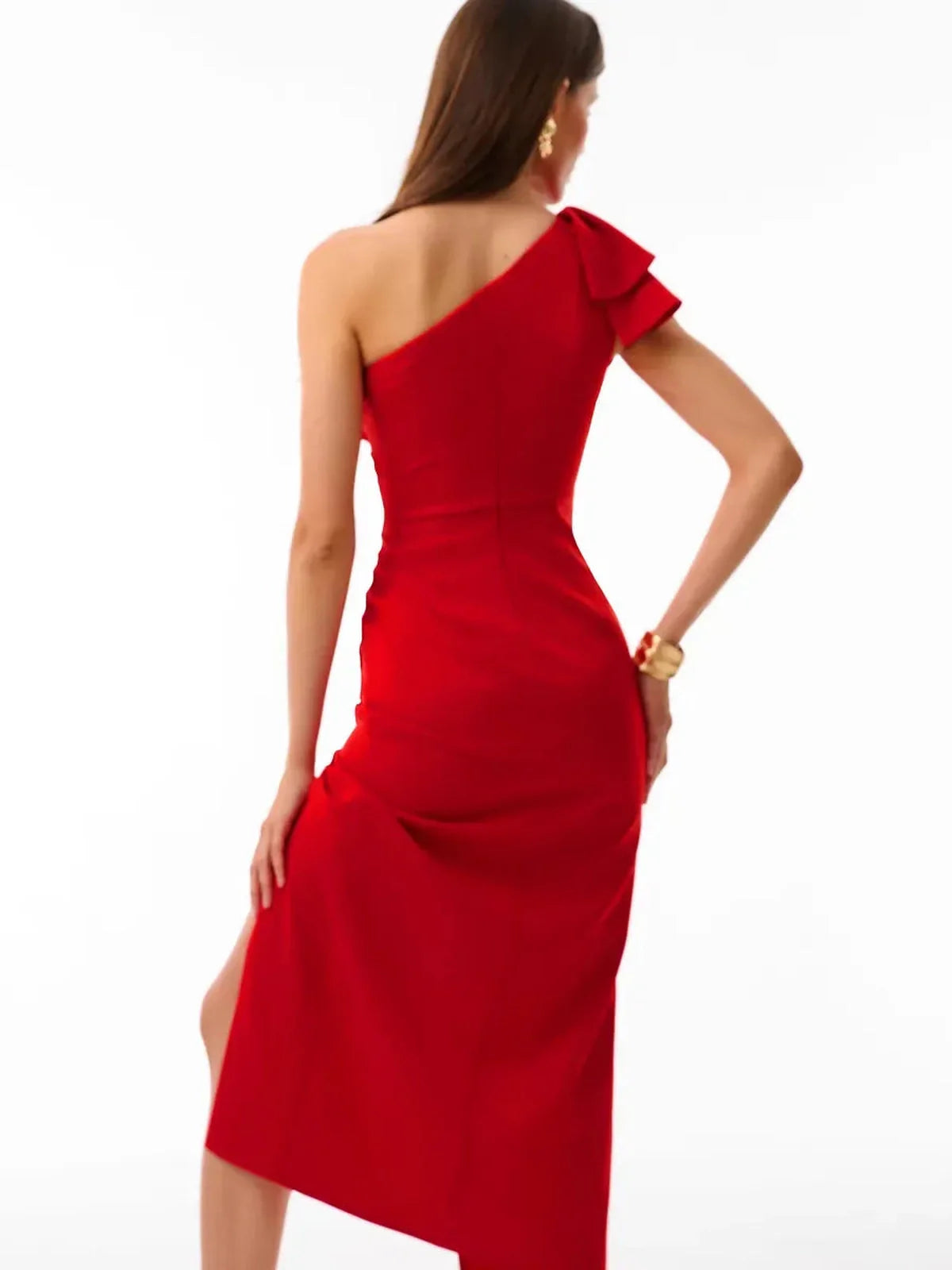 Ivy Midi Dress by Lauven, showcasing one-shoulder design in bold red with elegant ruffles for modern evening glamour.