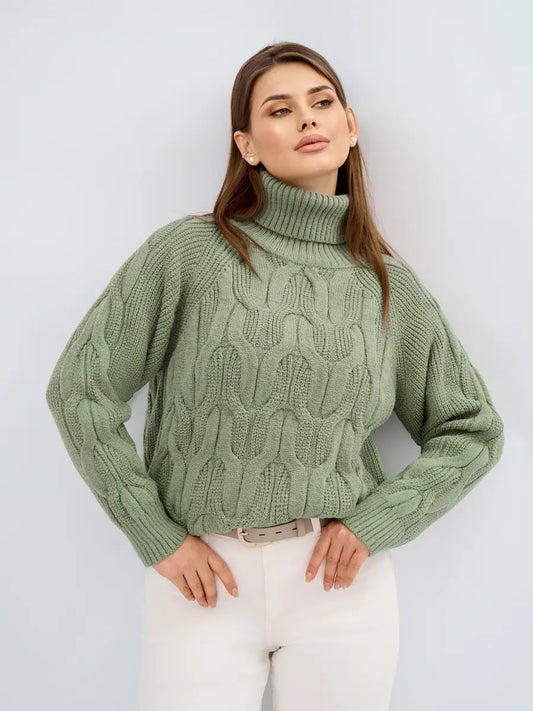 Ivy Sweater by Lauven in green, oversized cable knit with high neck, perfect for stylish layering.