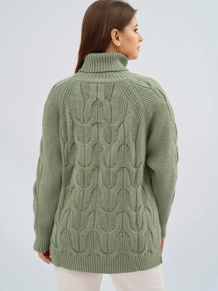 Back view of the Ivy Sweater by Lauven, showcasing its oversized cable knit design and high neck.