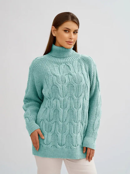 Laguna Sweater by Lauven in light blue, oversized cable knit with high neck for women's winter fashion.