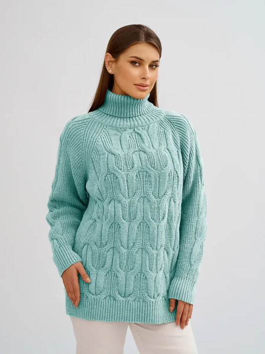 Laguna Sweater by Lauven in light blue, oversized cable knit with high neck for women's winter fashion.