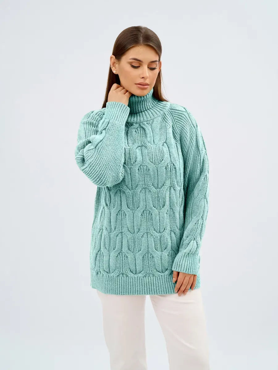 Laguna Sweater by Lauven - Oversized cable knit in mint green with high neck for stylish winter layering.