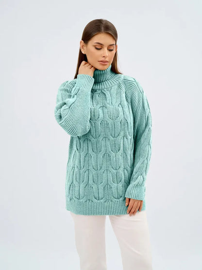 Laguna Sweater by Lauven - Oversized cable knit in mint green with high neck for stylish winter layering.