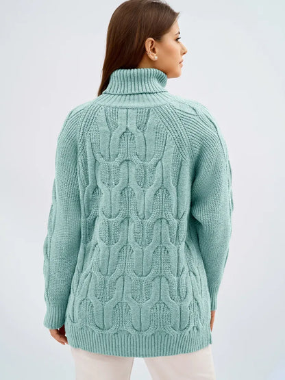 Laguna Sweater by Lauven in mint green with oversized cable knit and high neck, perfect for layering.