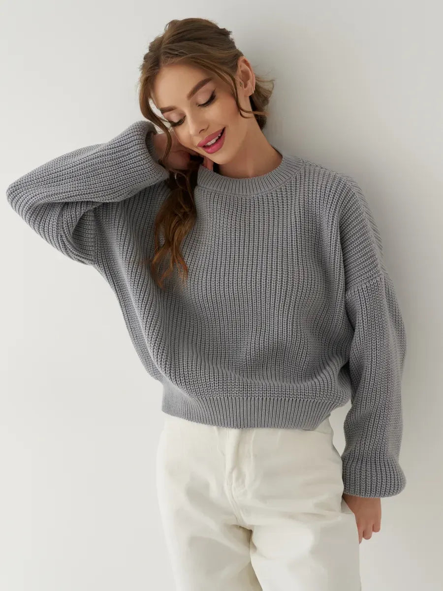 Luna Sweater by Lauven, an oversized light grey knit sweater, perfect for cozy fall and winter layering.