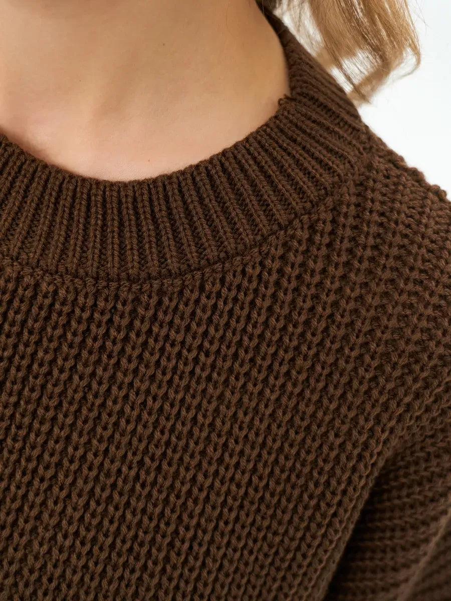 Atlas Sweater by Lauven featuring a textured round neckline in a rich brown knit.