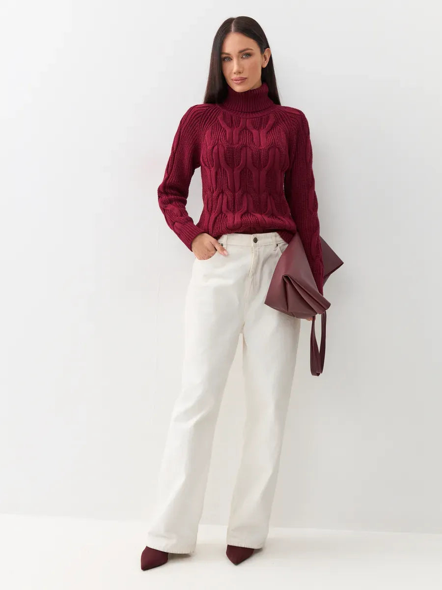 Bordeaux Knitwear by Lauven, women’s premium wool-blend turtleneck sweater featuring a rich bordeaux color and cable-knit design.