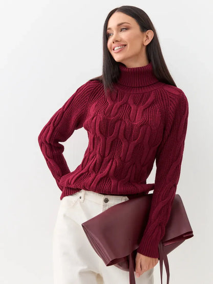 Bordeaux Knitwear by Lauven: Women's wool-blend turtleneck sweater in rich bordeaux with cable-knit design.