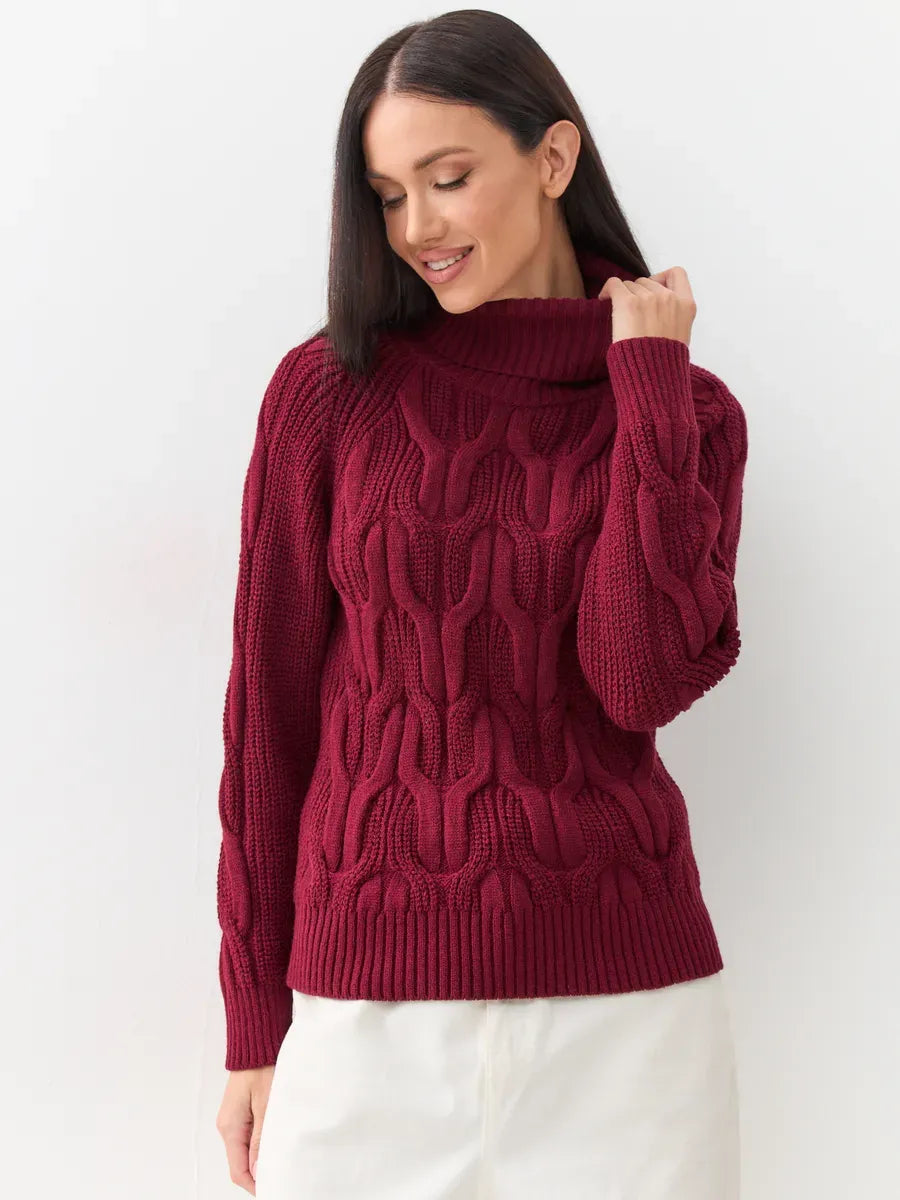 Bordeaux Knitwear from Lauven featuring a women’s wool-blend turtleneck sweater in a rich bordeaux color.