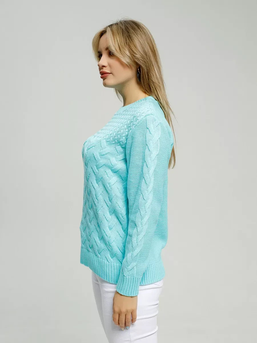 Soleil Sweater by Lauven, bright turquoise knitwear showcasing breathable comfort and stylish design.